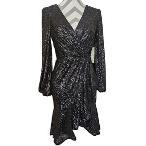 Eliza J Black Sequin Long Sleeve Faux Wrap Ruffle Hem Cocktail Dress NWT size 4